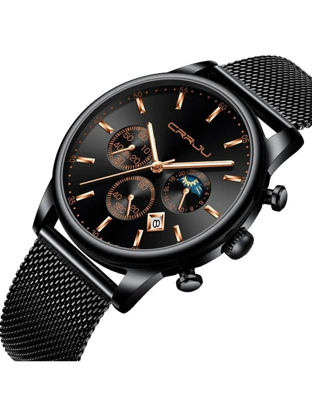 Mens Black Rose Gold Chronograph Waterproof Steel Quartz Mesh Strap Casual Watch